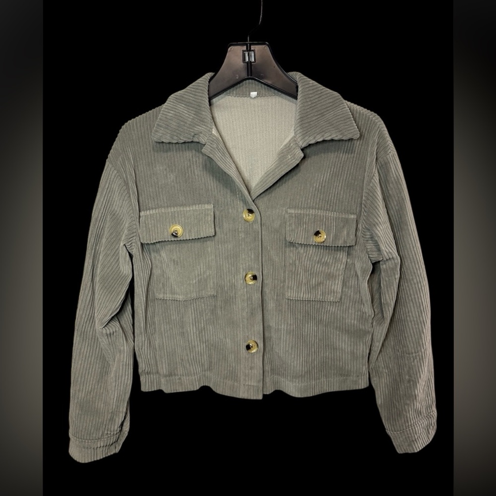 Cropped Jacket Button Up Jacket Ribbed Green/Gray Women’s Small